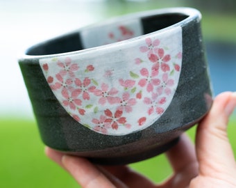 Handmade Ceramic Matcha Tea Bowl from Japan - Japanese Authentic Matcha Cup - Black Matcha Bowl with Pink Flowers Pattern, Mother's Day Gift