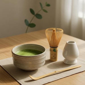 Peut inclure: Un ensemble de thé matcha sur un tapis en lin beige. L'ensemble comprend un bol en céramique rempli de thé matcha vert vif, un fouet en bambou, un bol à thé en céramique blanc et une cuillère en bambou. Le fouet a une bande noire et une étiquette de feuille verte.