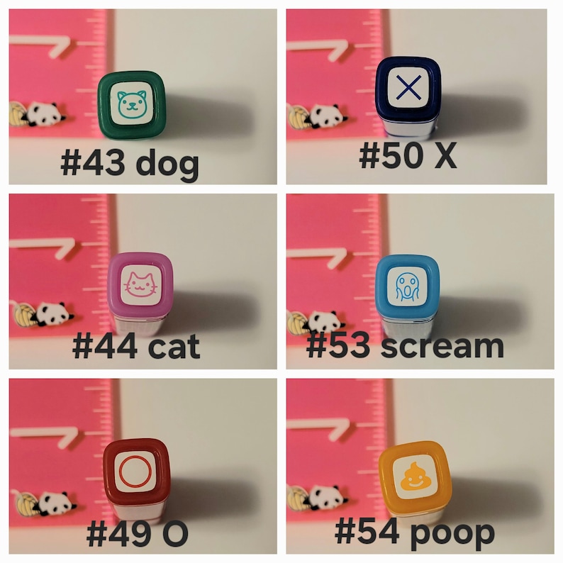 May include: Six different colored square stamps with various designs. The stamps are numbered 43, 44, 49, 50, 53, and 54. The designs include a dog, a cat, a circle, an X, a screaming face, and a poop emoji.