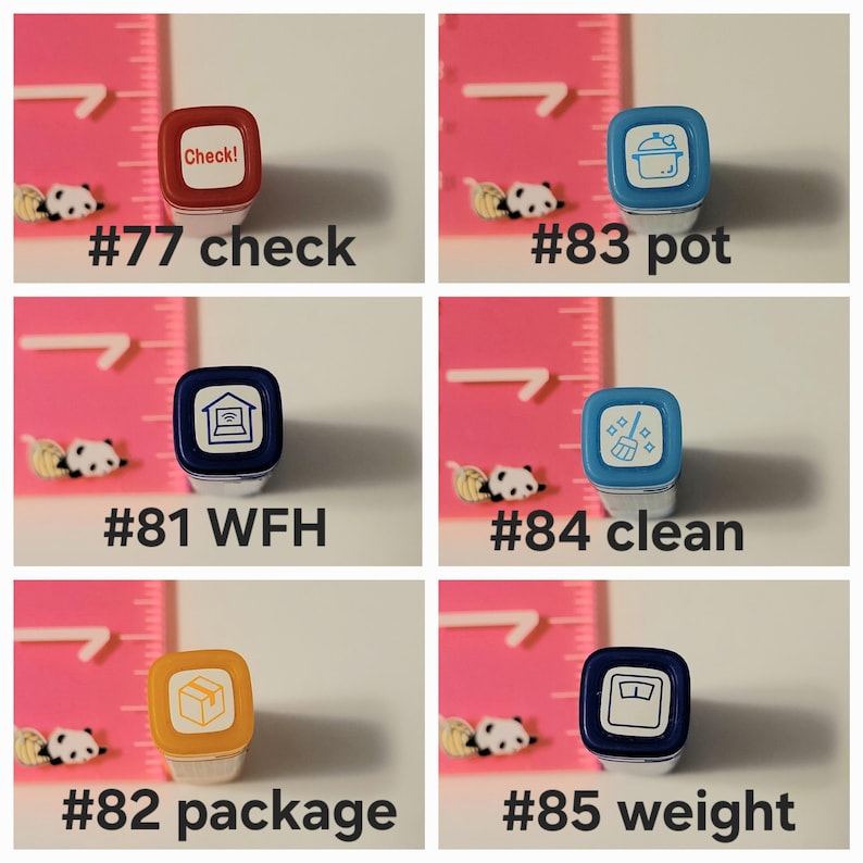 May include: Ten different colorful square-shaped stamp pads with various icons and text. The icons include a check mark, a pot, a house with wifi, a broom, a box, and a scale. The text includes "Check!" "WFH" and "weight".