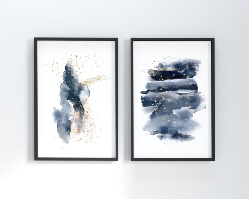 Blue and Gold Abstract Art Printable Instant download Wall Etsy