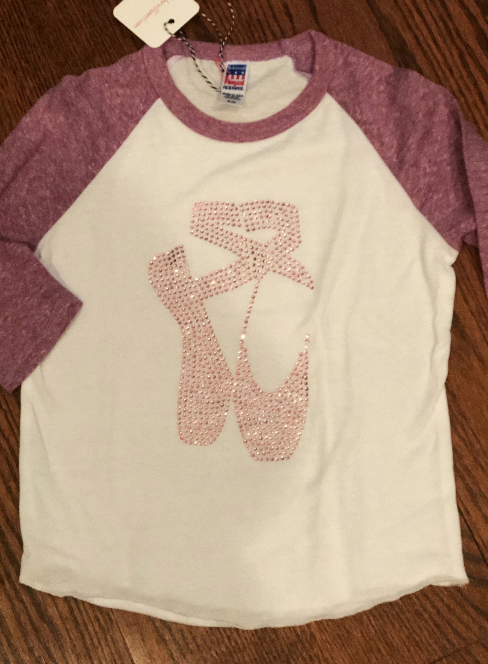 girl's ballet dance rhinestone shoes t-shirt youth and little kids baseball raglan pink purple 3/4 sleeve