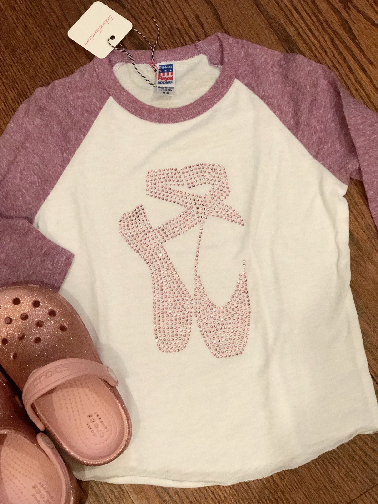 girl's ballet dance rhinestone shoes t-shirt youth and little kids baseball raglan pink purple 3/4 sleeve