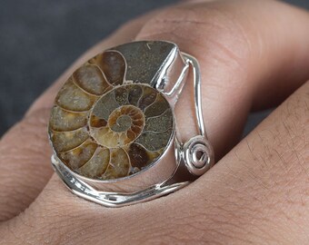 Ammonite Fossil Silver Statement Ring Handmade Size 8.5