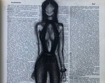 Hui - Charcoal Drawing on Vintage Dictionary Paper, Giclée Print, Wall Art, Various Sizes