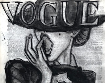 Kat - Charcoal Drawing on Vintage Dictionary Paper, Giclée Print, Wall Art, Various Sizes