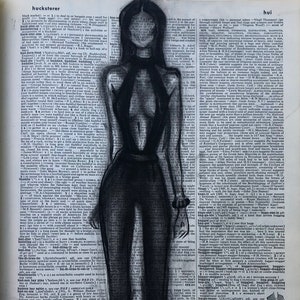 Hui - Kohle Zeichnung auf Vintage Wörterbuch Papier, Giclée-Druck, Wandkunst, verschiedene Größen