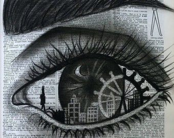 Odds and Ends - Charcoal Drawing on Vintage Dictionary Paper, Wall Art, Various Sizes