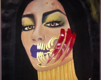 Zombie Baddie - Original Mixed Media, Liquid Gold Leaf and Acrylic Paint on Pastel Drawing Print, Wall Art