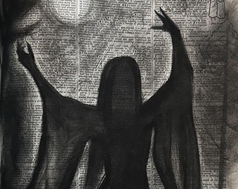 Plutonic - Charcoal Drawing on Vintage Dictionary Paper, Giclée Print, Wall Art, Various Sizes