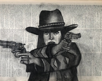 Six-shooter - Charcoal Drawing on Vintage Dictionary Paper, Wall Art, Various Sizes