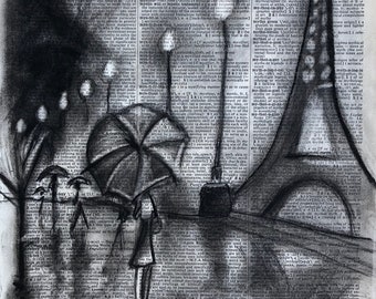 Mystery - Charcoal Drawing on Vintage Dictionary Paper, Giclée Print, Wall Art, Various Sizes