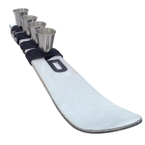 DIY Travel Shot Ski Kit complete with 4 large 2.5oz Stainless shots Glasses and Velcro Strap to wrap the ski