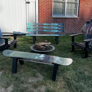 Ski Patio set - 4 piece - A Skichair, Snowboard or Snow Ski Table and Bench and a Ski Rocker