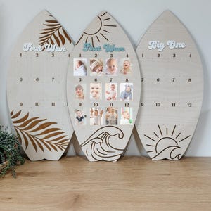 Surfboard First Birthday Photo Display | Monthly Milestone Sign | Beach Theme Birthday Decor | Wood Photo Board | Big one First Wave party