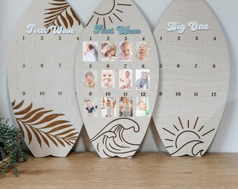 Surfboard First Birthday Photo Display | Monthly Milestone Sign | Beach Theme Birthday Decor | Wood Photo Board | Big one First Wave party