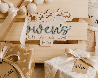 Letrero personalizado para caja de Nochebuena / Placa de madera de abedul cortada con láser con nombre en acrílico 3D / Etiqueta personalizada de recuerdo navideño para niños para caja