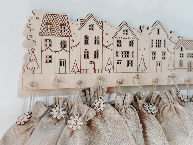 Wooden Advent Calendar Village - Christmas Decor detail view