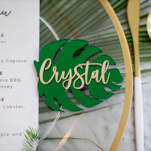 Acrylic Wedding Monstera Leaf Place Tags Names | Wedding Tropical Name Tags | Wedding Custom Table Decor | Tropical Wedding Place Card Name
