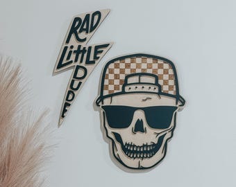 Checker Print Skull | Playroom Decor | Wood Signs | snap back | hat | skull Face | modern | Boy | Rad Dude | Wall Art | Boys Room