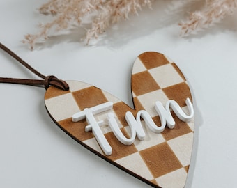 Checkered heart Tags | Valentine’s Day Name Tags | Valentine’s Day | Valentine’s Day Decor | Name Tag | Engraved Name | Wooden Name Tag |