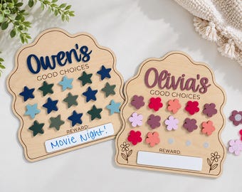 Personalized Kids Reward Chart, Wooden Behavior Chart with Stars or Flowers, Good Choices Chart
