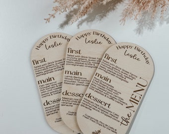 Personalized Wooden Menu | Wedding Menu | Birthday Menu | elevated party Decor | High end Party | Girls Night | Bachelorette | Dinner | menu