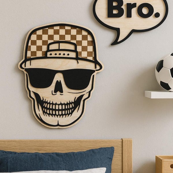 Skull Wall Decor and Bro. Sign | Boys Room Wall Art | Laser Cut Birch and Acrylic | Checkered Hat Skull | Teen Room Decor | Cool Boy Gift