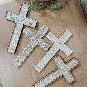 Personalized Wooden Cross | Engraved Floral Baptism Gift | Christian Nursery Decor | Easter Cross | He Is Risen Cross | Nursery Cross
