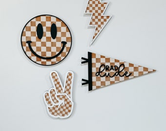 Checker Print Signs | Playroom Decor | Wood Signs | Peace | Lightning | Smile Face | Pennant Flag | Boy | Rad Dude | Wall Art | Boys Room