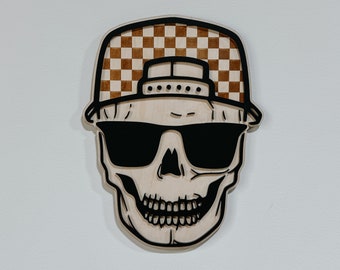 Checker Print Skull | Playroom Decor | Wood Signs | snap back | hat | skull Face | modern | Boy | Rad Dude | Wall Art | Boys Room