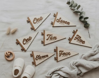 Flag Milestone | pennant Birth Announcement | Modern Milestones | Baby Shower gift | Boho Baby | Wooden Milestone | Newborn | Pregnancy