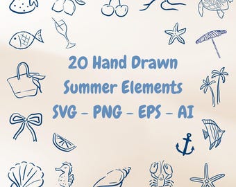20 Hand drawn summer svg png eps AI Bundle  Beach Clipart, Tropical Elements, Sublimation & Laser Cut files for cricut glowforge Laser