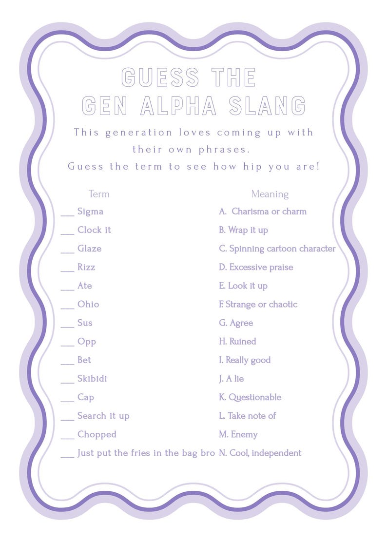 Gen Alpha Phrase Matching Game Purple Game Baby Shower Game Party Game ...