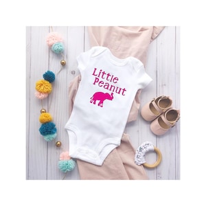 Adoreable Baby Onesie &quot;Little Peanut&quot;   Baby Bodysuit With Long or Short Sleeves and Pink Elephant and Pink Lettering