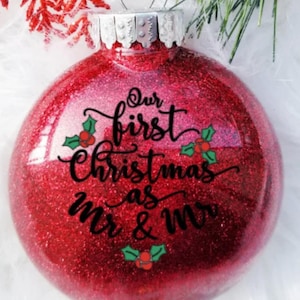 Our First Christmas as Mr. & Mrs.  Glass Christmas Ornament 4 Inch DIsk