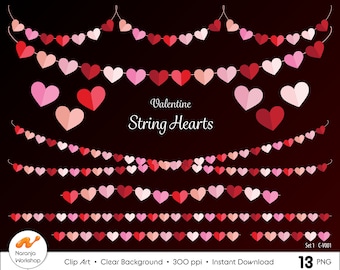 Valentine Heart Garland Clipart: Red Heart Borders, Banners (PNG Digital Download)