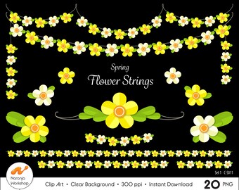 bunting banner clip art, bright floral botanical clipart, Spring clipart, Summer wild flowers, garden png, yellow and white flowers overlays