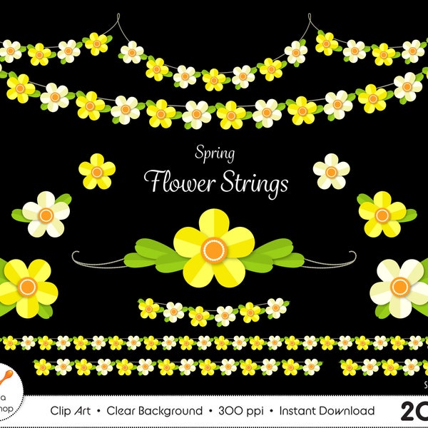 bunting banner clip art, bright floral botanical clipart, Spring clipart, Summer wild flowers, garden png, yellow and white flowers overlays