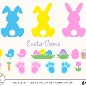 Peut inclure: Ensemble d'icônes de clip art colorées sur le thème de Pâques. L'image comprend des silhouettes de lapins bleus, jaunes et roses, des oiseaux, des œufs, de l'herbe, un panier, un champignon, une carotte, des empreintes de pattes de lapin, une tulipe et une fleur. Texte : "Easter Icons".