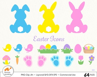 Easter Icons svg, Easter Bunny Clip Art, Bunny tail png, Bird silhouette svg, Rabbit footprint svg, Carrot png, Easter svg eps dxf