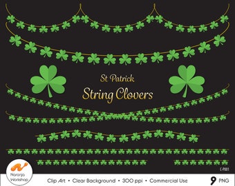 St. Patrick string clovers, St Paddy&#39;s bunting, clover banners, shamrock borders, green garland png, trifold overlays, clover clip art