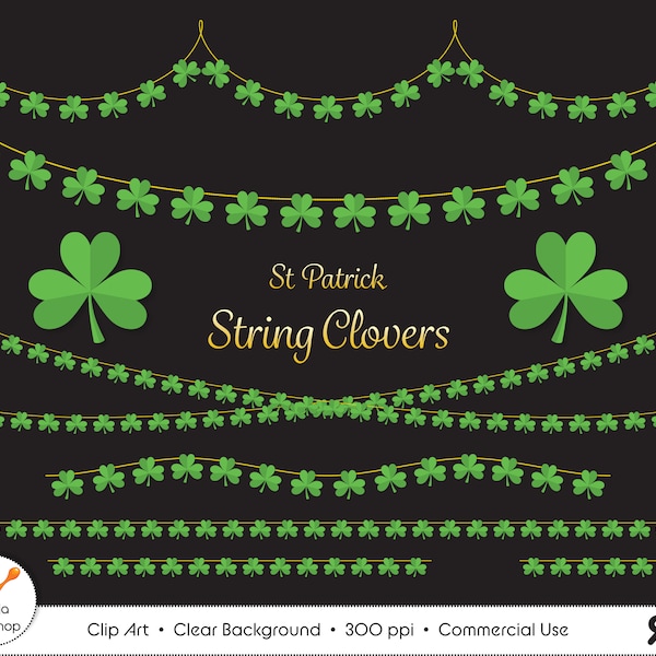 St. Patrick string clovers, St Paddy's bunting, clover banners, shamrock borders, green garland png, trifold overlays, clover clip art