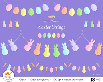 Easter strings clip art, Easter banner, bunting png, printable Easter banner, rabbit bunnies carrots egg png, marshmallow bunny clipart
