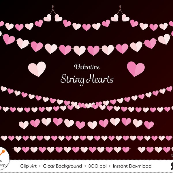 valentine heart strings clipart, pink heart clipart, Valentine heart borders png, heart garland, printable heart banner, pink overlays png