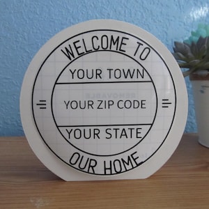 May include: White round sign with black text that reads "Welcome to Your Town Your Zip Code Your State Our Home".