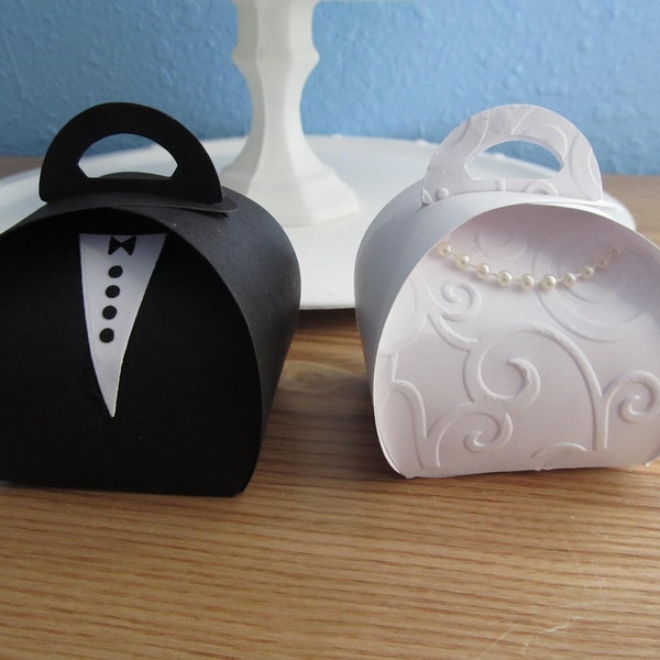 Bride and Groom Wedding Party Favors Treat Boxes Gift Boxes Wedding Favors Dress and Tux Black and White Rings