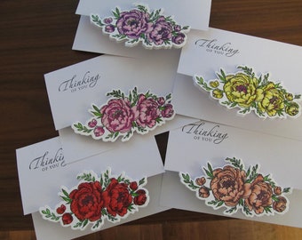 Handstamped and Colored Peony Greeting Cards Stamped Thinking of You Cards Colorful Peonies Everyday Cards Friendship