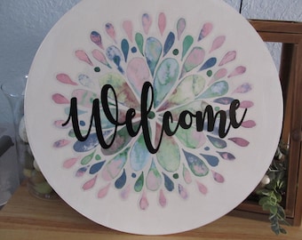 Round Wood Welcome Sign Door Hanger Home Decor Pastels Jute Hanger Door Sign Welcome Sign