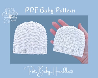 Patrón sencillo para tejer un gorro de bebé, 3 tallas, lana DK, agujas rectas (descarga en PDF).